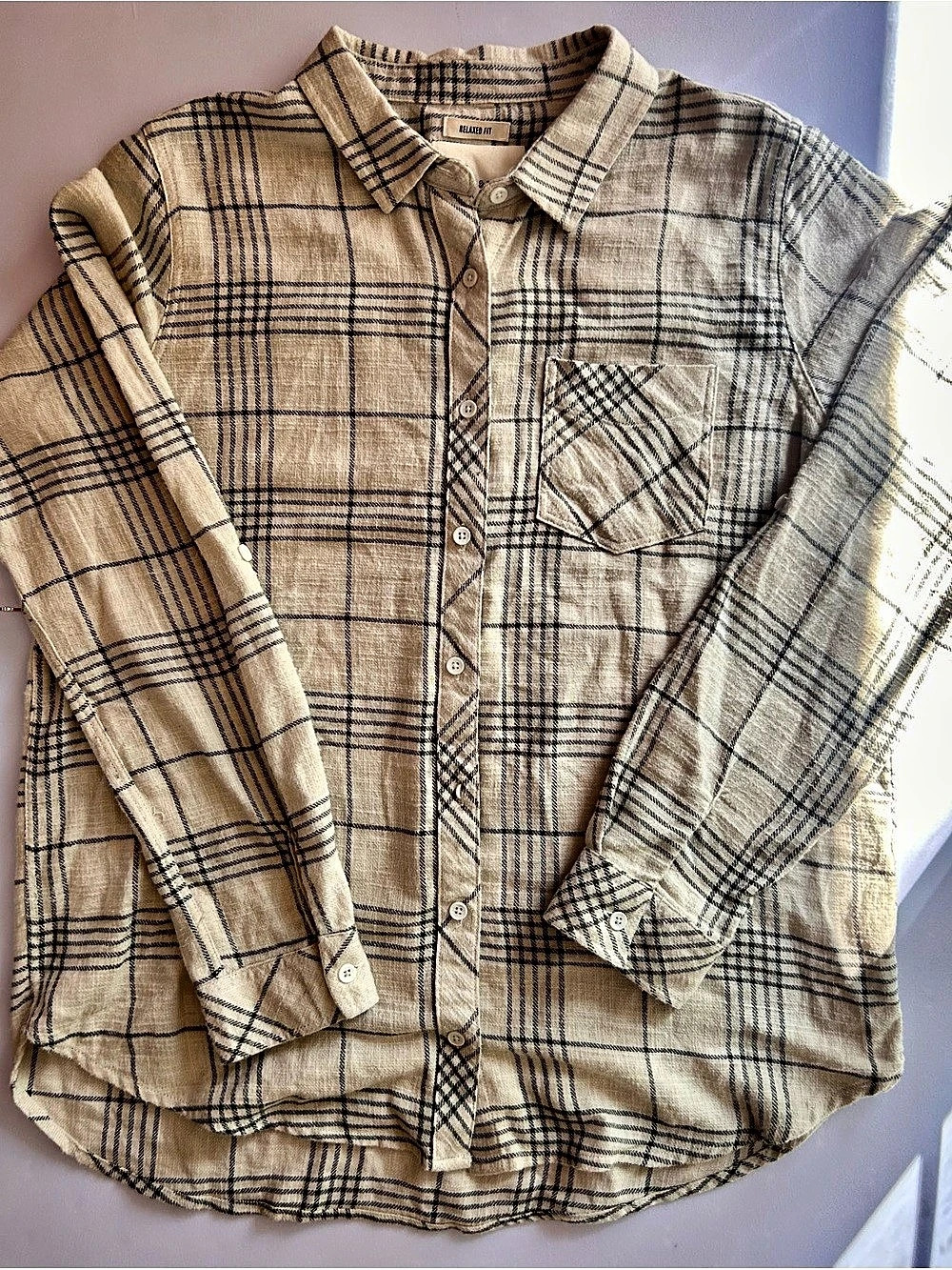 Thread & Supply Plaid Button Down Shirt Tan & Black Large Like New